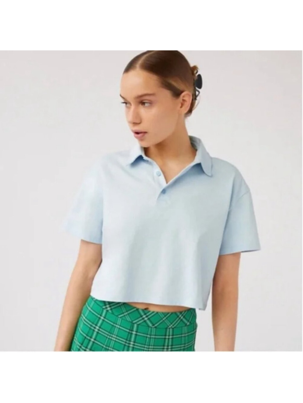 Aritzia Short sleeve Polo Shirt cropped lt blue size XS Roland casual academia